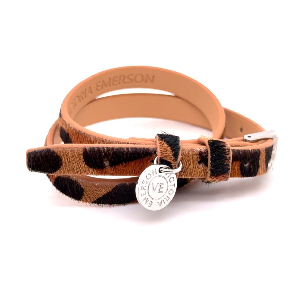 Victoria Emerson Leopard Calf Hair Double Wrap Bracelet Silver Tone Buckle Charm